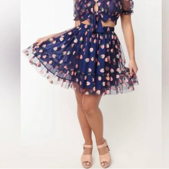 NWT UNIQUE VINTAGE SMAK parlour navy & pink glitter strawberry skirt PINUP - Picture 2 of 3